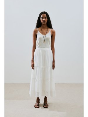 Ekru Dokulu İşlemeli Katlı Uzun Etek