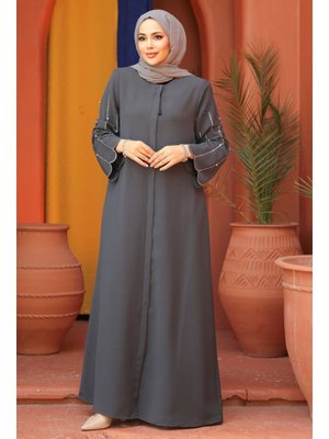 Kolları İşlemeli Füme Abaya 2634fu