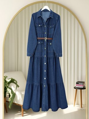 Laci Boydan Düğmeli Cepli Kemerli Kot Elbise