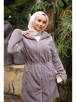 Füme Beli İpli Flato Cepli Fermuarlı Peluş Mont