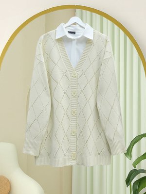 Krem Ajurlu Baklava Desenli Triko Hırka