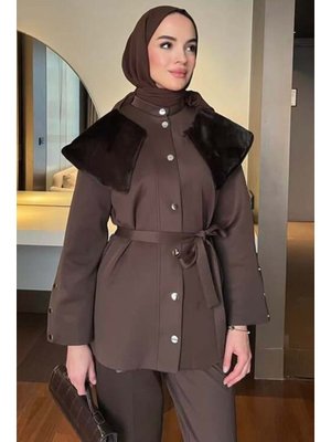 Kürk Yakalı Scuba Takım Kahve