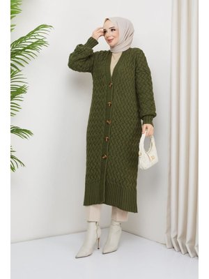 Antrasit Sepet Örgü Düğmeli Tam Boy Triko Hırka