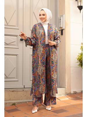 Desenli Sax Mavisi İkili Kimono Takım 12885sx