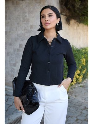Gömlek Yaka Düğmeli Siyah Hırka