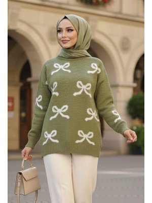 Kurdele Desenli Yağ Yeşili Triko Kazak Tunik 8754yy