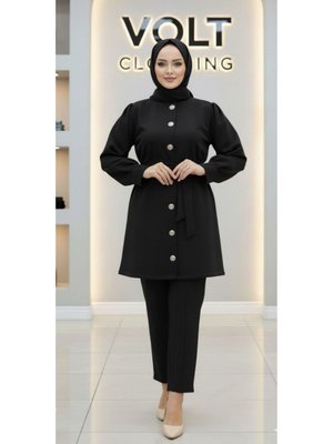 Siyah Metal Düğmeli Scuba Pantolonlu İkili Takım