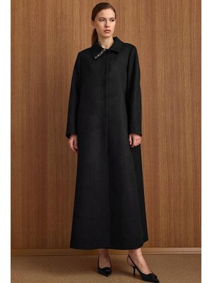 Siyah Devrik Yaka Taş Detaylı Süet Görünümlü Büyük Beden Pardesü