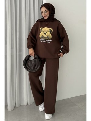 Kahve Ayıcık Desen Üç İplik İkili Takım