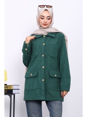 Yeşil Cepli Düğmeli Kaşe Ceket