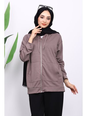 Vizon Kapüşonlu Fermuarlı Modal Sweat Hırka