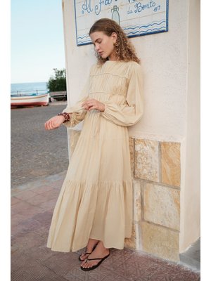 Sarı Büzgülü Uzun Kol Elbise Pastel