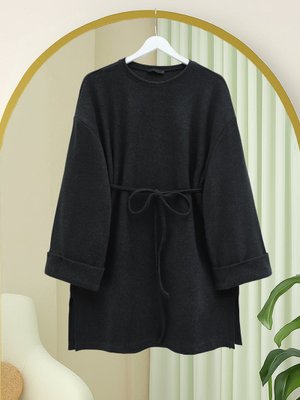 Antrasit Kolu Katlı Beli Bağlamalı Yırtmaçlı Selanik Tunik