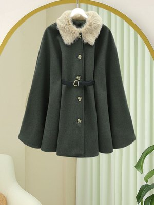 Haki Yakası Kürklü Beli Kemerli Düğmeli Kaşe Panço