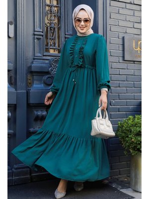 Fırfır Detaylı Zümrüt Yeşili Elbise 6731zy