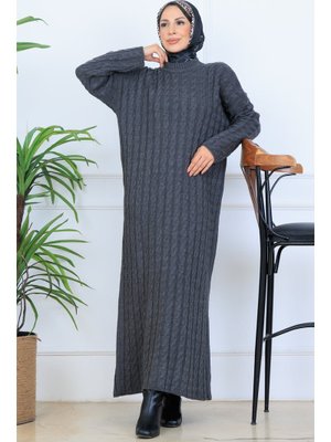 Antrasit Örgü Desenli Triko Elbise