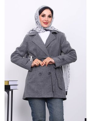 Füme Kruvaze Yaka Çift Düğmeli Kaşe Kaban