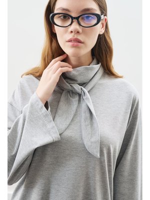 Gri Melanj Yüksek Yaka Bağlamalı Bluz