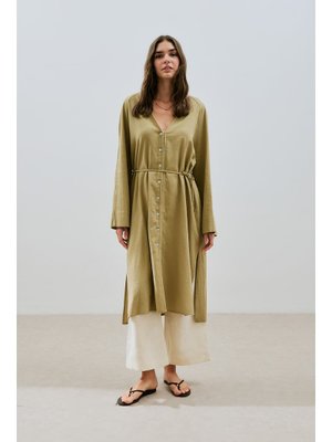 Haki Dokulu Düğmeli Uzun Tunik
