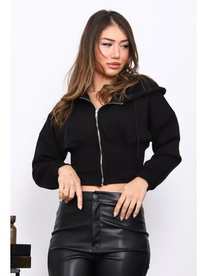 Siyah Bel Korseli Üç İplik Fermuarlı Sweat Hırka