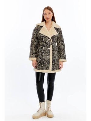 Kürklü Uzun Suni Deri Mont Bej