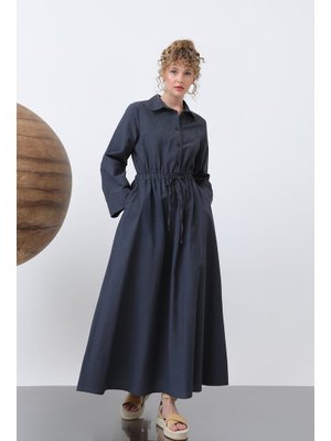 32243elb Belden Bağlamalı Uzun Kollu Elbise