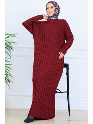 Bordo Örgü Desenli Triko Elbise