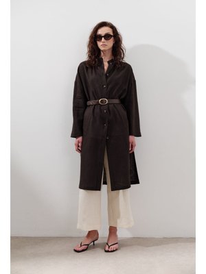 Acı Kahve Keten Kemerli Uzun Tunik