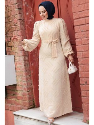 Desenli Bej Elbise 5298bej