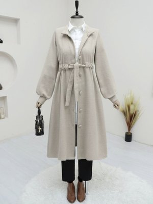 Taş Belden Bağlamalı Top Düğmeli Kaşe Kaban