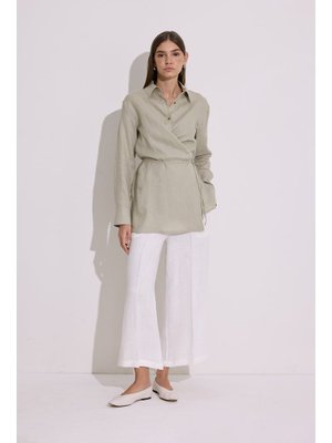 Yeşil Keten Bağlama Detaylı Gömlek