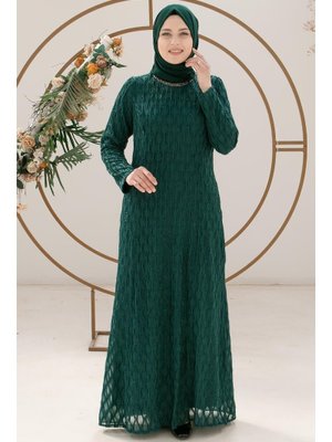 Taş İşleme Detaylı Simli Abiye Zümrüt