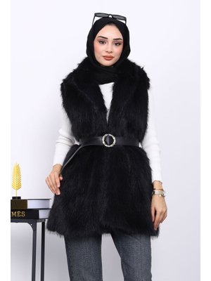 Siyah Bel Kemerli Çift Cepli Kürk Yelek