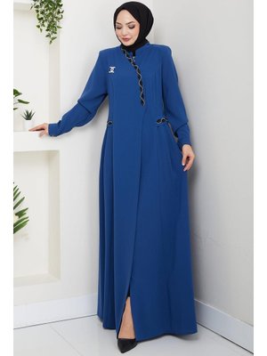 İndigo Broşlu Büyük Beden Ferace