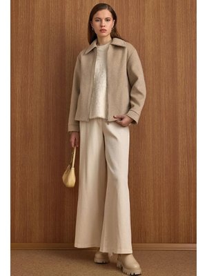 Fermuar Kapamalı Oversize Kısa Kaban Taş