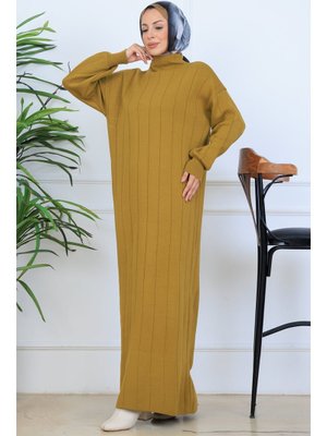 Yağ Yeşili Fitilli Triko Elbise