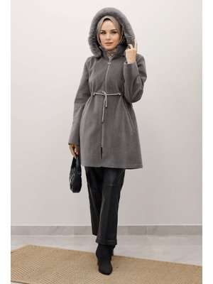 Gri Kapüşonlu Fermuarlı Fox Kaban