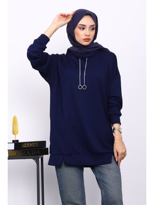 Lacivert Yaka Detaylı Modal Tunik