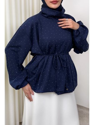 Lacivert Taş Detaylı Salaş Swit Bluz