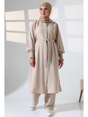Krem Keten Hac Ve Umre Kıyafeti Kemerli İkili Takım