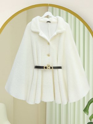 Beyaz Gold Düğme Detay Kemerli Alcantara Panço