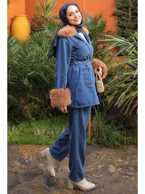 Koyu Mavi Kol Yaka Kürklü Kot Ceket Pantolonlu Takım
