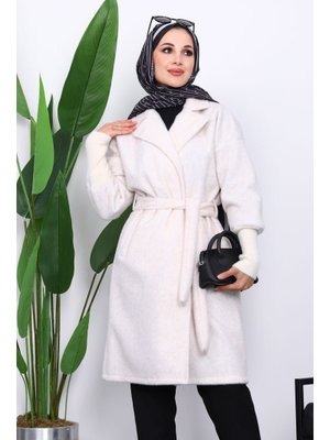 Ekru Bel Kuşaklı Çift Cepli Angora Kaban