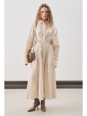 Pile Detaylı Gömlek Elbise Bej Çizgili