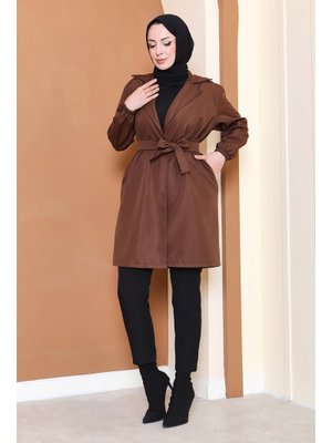 Kahve Kuşaklı Kolu Lastikli Miranda Trençkot