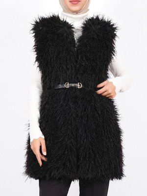 Siyah Kemerli Yan Cepli Kürklü Astarlı Yelek