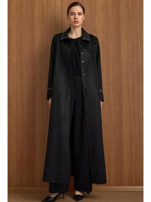 Siyah Gömlek Yaka Deri Ve İşleme Detaylı Süet Görünümlü Büyük Beden Pardesü