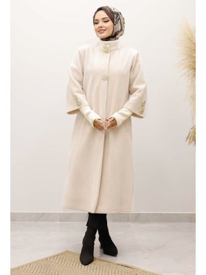 Bej Kol Ucu Triko Detaylı Angora Fox Kaban