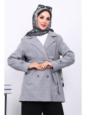 Gri Kruvaze Yaka Çift Düğmeli Kaşe Kaban