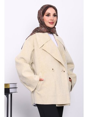 Bej Çift Cepli Düğmeli Kaşe Kaban